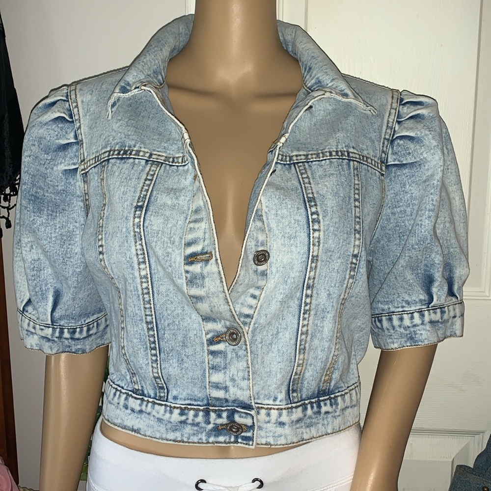 short Puff sleeve acid wash denim jean jacket M L